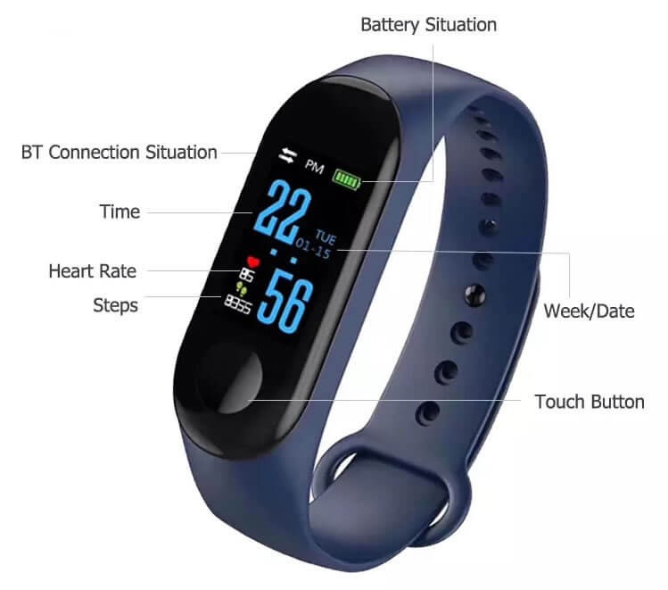 Blue Fitness Tracker with Heart Rate Monitor and Step Counter